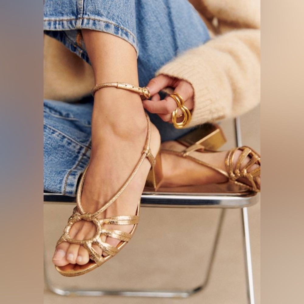 Sézane Metallic Gold Strappy Block-Heel Sandals